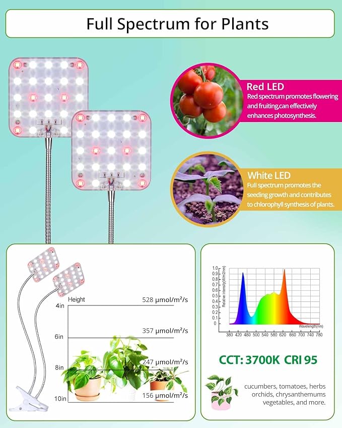 DOMMIA Plant Light, Dimmable Desk Clip on Plant Light for Indoor Plants with 6/12/16h Timer, Gooseneck Grow Lamps, Full Spectrum for Seeding, Succulent, Potted Plants, 2-Head
