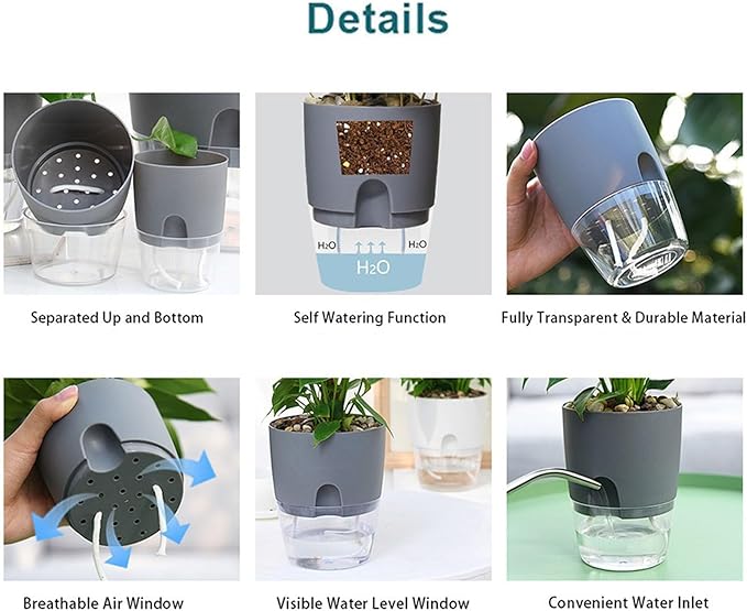 Self-Watering Planters, Plant Waterer for Indoor Outdoor Use Self Watering Plant Pot for Herbs Flowers Succulents, 2 Pcs (Gray, Large)