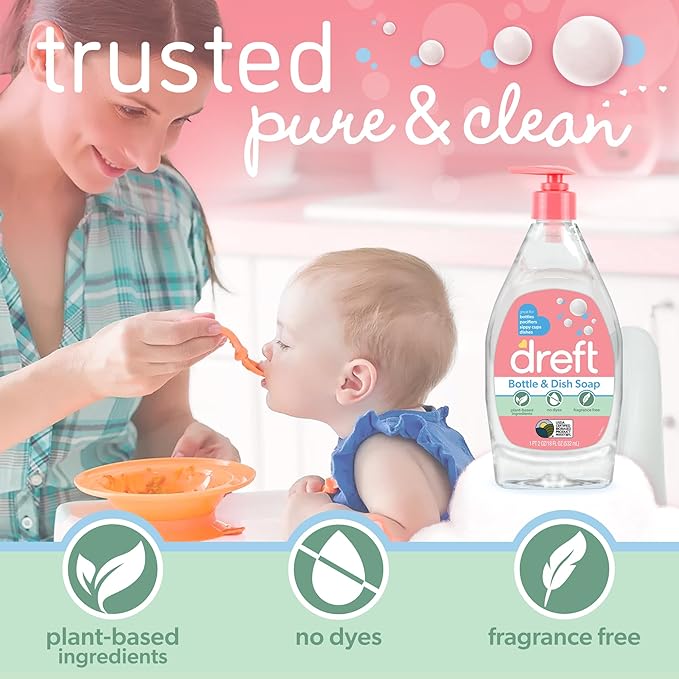 DREFT Bottle and Dish Soap Baby Gift Set - Bonus Travel Size Dreft All Purpose Cleaner & Stain Remover - Made to Clean Baby Essentials - Plant Based Ingredients, Fragrance Free Formula - 4 Piece Set