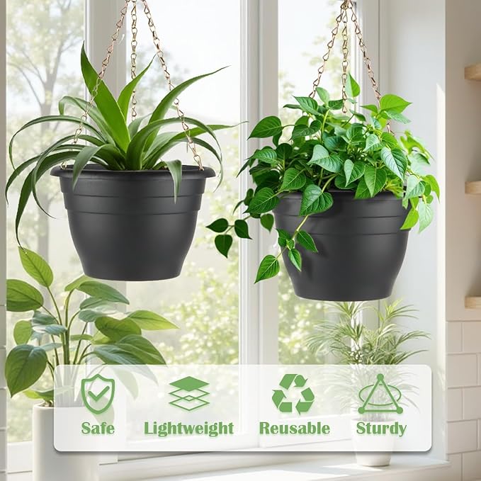 RooTrimmer 3 Pack 11 Inch Plant Pots,Plastic Flower Pots with Drainage Holes,Lightweight Durable Planters for Indoor Outdoor Plants,Modern Decorative Pots for Patio Garden(Black)