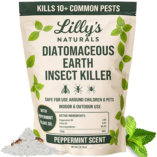 Diatomaceous Earth Food Grade 1lb Bag | Carpet Beetle Killer Indoor, Flea Powder for Carpets, Roach & Ant Killer | Whole-Home Pest Control Powder with Peppermint & Clove | Lilly's Naturals
