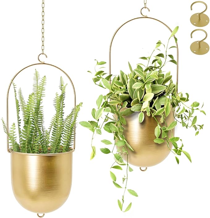 AceList Boho Hanging Planter, Set of 2 Gold Metal Plant Hanger with Hooks and Chains, Modern Wall & Ceiling Planters Outdoor/Indoor Hanging Planter for Window, Porch, Balcony and Home Décor