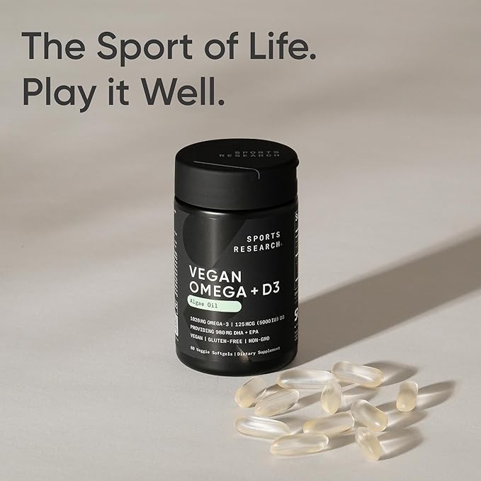 Sports Research Vegan Omega-3 with Vitamin D3 Softgels - 1020mg Omega-3 & 5000iu D3 Supplement - Fish Oil Alternative with Vitamin D Plant-Based Support from Algae Oil - 60 Veggie Softgels for Adults