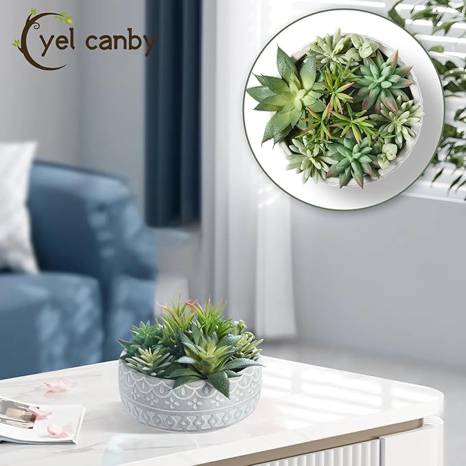 6inch Artificial Succulent Plants in Pots,Fake Succulents with Grey Textured Ceramic Pot for Home Office Desk Bathroom Coffee Table Decor
