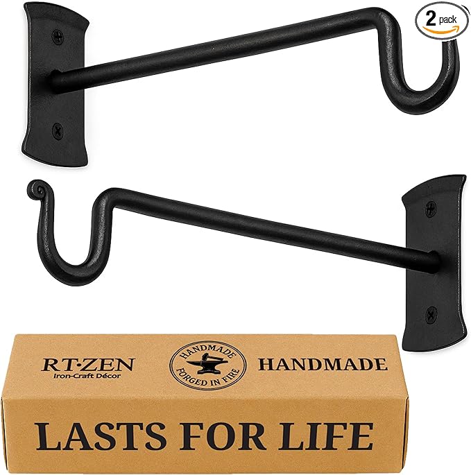 RTZEN Plant Hangers Outdoor or Indoor - Wrought Iron Metal Hanger Indoor Hook - Heavy Duty Wall Bracket Hooks for Hanging Plants Baskets Lanterns Wind Chimes - 2 Pack (Black Shepherds Hooks 10")
