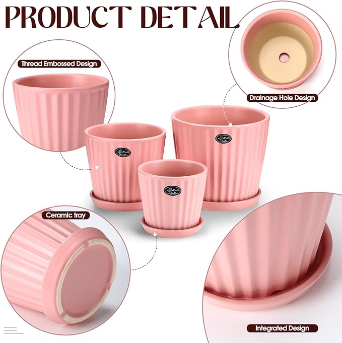 3 Pcs Ceramic Plant Pots 7.3/6/4.7 Inch Ceramic Flower Pot with Drainage Hole and Saucer Decorative Planter Indoor Outdoor for Gardening Home Desktop Office Windowsill Decoration Gift(Pink)