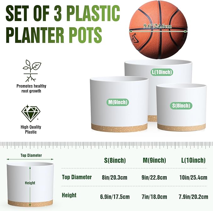 10/9/8 Inch Large Plant Pots with Drainage Holes and Trays, 3 Pack Modern Minimalist Cylinder Planters for Monstera, Snake Plant, Indoor Outdoor (Matte White & Brown)