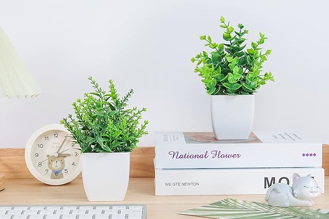 2 Pack Small Fake Plants Artificial Greenery Plants in Pots for Home Bedroom Bathroom Farmhouse Kitchen Decor Indoor