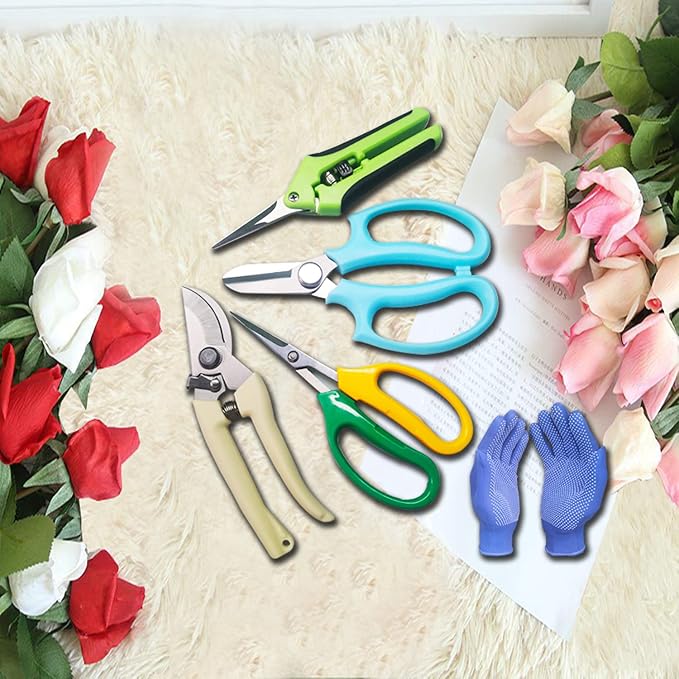 Garden Pruning Shears Garden Scissors Herb Scissors Florist Scissors Floral Snips Bonsai Scissors Hand Pruner with Gardening Gloves,Stainless Steel Straight Tip and Curved Blades,Green+Blue