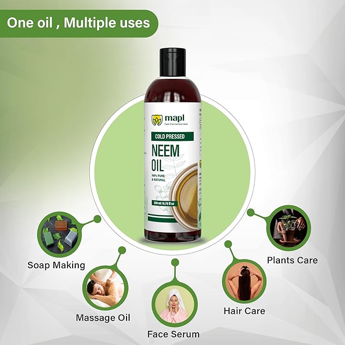 MAPL Cold Pressed Neem Oil for Hair & Skin – 100% Pure Neem Oil – Moisturizing Scalp & Dry Skin Care – Natural Conditioning Oil for Men & Women – 6.76 fl oz (200 ml)