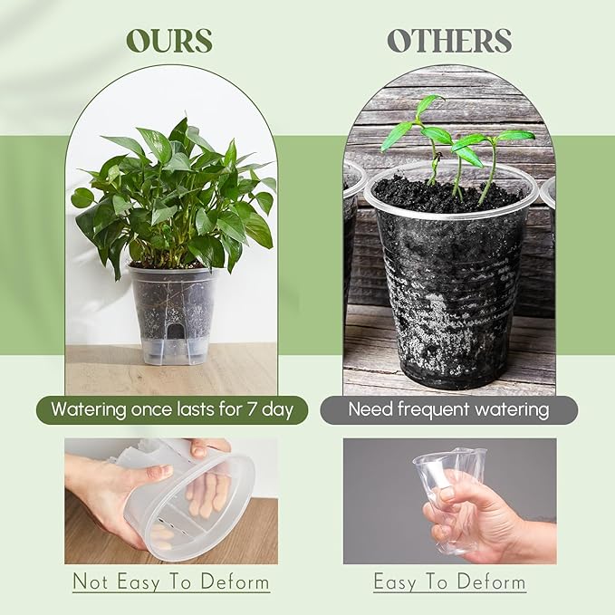 Wonderjune Self Watering Pots for Indoor Plants with Deep Reservoir and High Drainage Holes for Outdoor Plants and Flowers, Bare Root Planter(7.09'',Clear,9 Pcs)