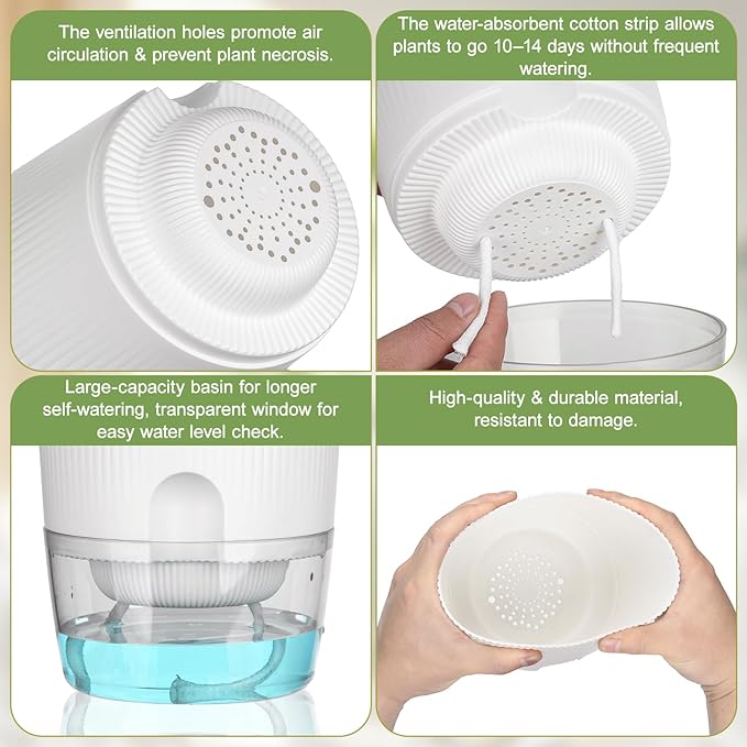 Plant Pots, 4 Pack 5.7 Inch Self Watering Pots for Indoor Plants, Flower Pots with Deep Reservoir and Drainage Holes - White