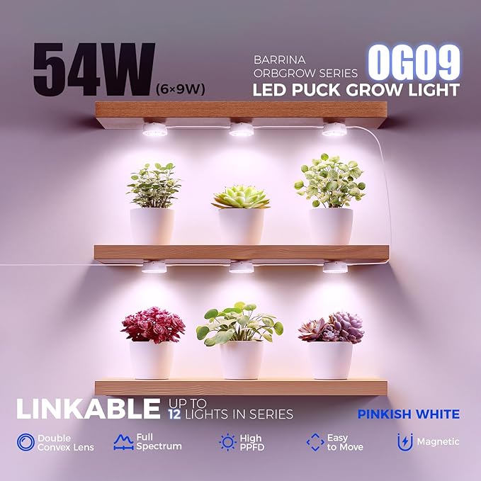 Barrina Orbgrow OG09 Puck LED Grow Light, Pinkish White 54W(6 x 9W, 810 Watt Equiv), Plant Lights for Indoor Plants Full Spectrum, Magnetic & Linkable, Small Grow lamp for Plant Shelf, 6 Packs
