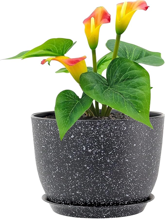 Meowell 12 inch Big Plant Pots, Plastic Planters with Drainage Holes and Trays, Large Flower Pots for Indoor Outdoor Plants, Modern Decorative Pots for Garden House Plants, Speckled Black