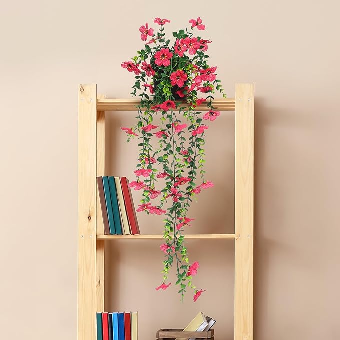 FAVOWREATH Fake Plants Hanging Artificial Potted Faux Eucalyptus Plants and Flowers for Modern Boho Farmhouse Bathroom Office Desk Wall Book Shelf Living Room Aesthetic Decor Indoor (Rose Red)