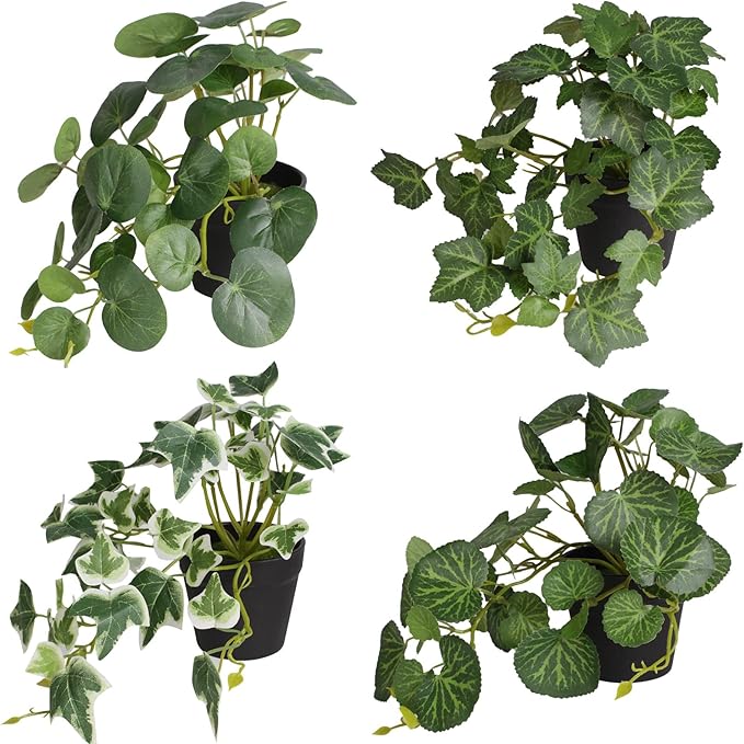Yoratee Artificial Plants Set of 4 Fake Comosum Potted Plant with Black Pot Greenery Decor for Indoor Home Porch Garden Bathroom Décor
