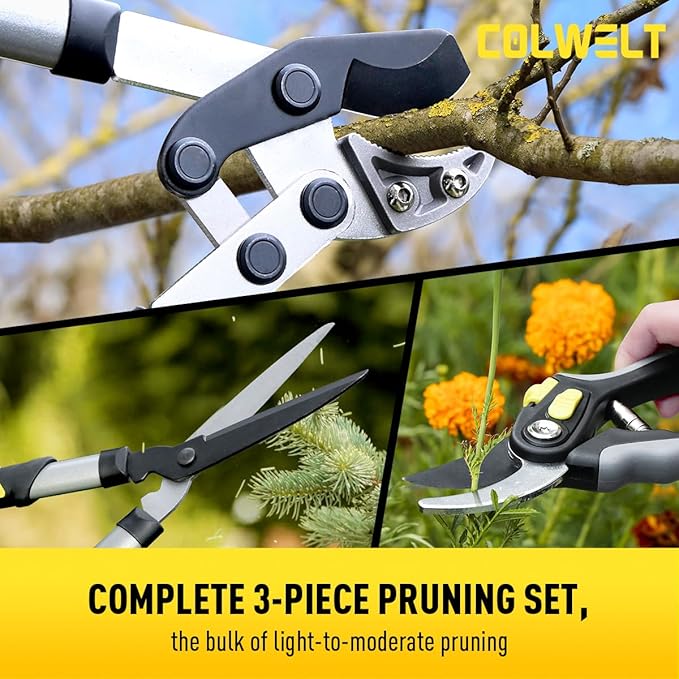 Colwelt Loppers Hedge Shears Garden Shears Set 3Pcs, Compact 17’’ Anvil Branch Cutter & Hedge Clippers & Garden Scissors, Shears Gardening Tools for Yard(Set for the bulk of light-to-moderate pruning)