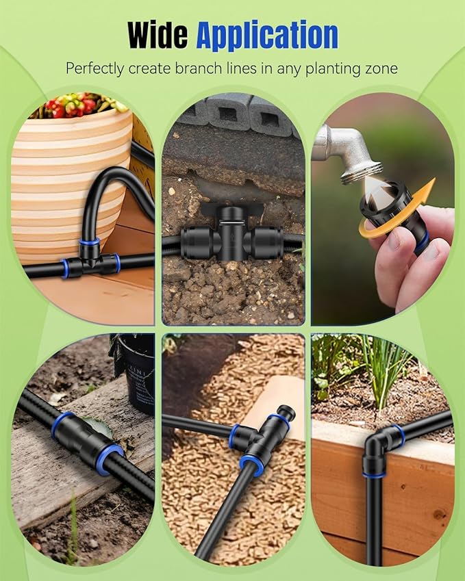 Pawfly 20 Pcs Quick Connect Drip Irrigation Fittings Kit for 1/2" Tubing (0.62-0.63" OD), Drip Line Connectors Set with 4 Tees 4 Couplings 4 Elbows 4 End Plugs 2 Shut Off Valves & 2 Faucet Adapters