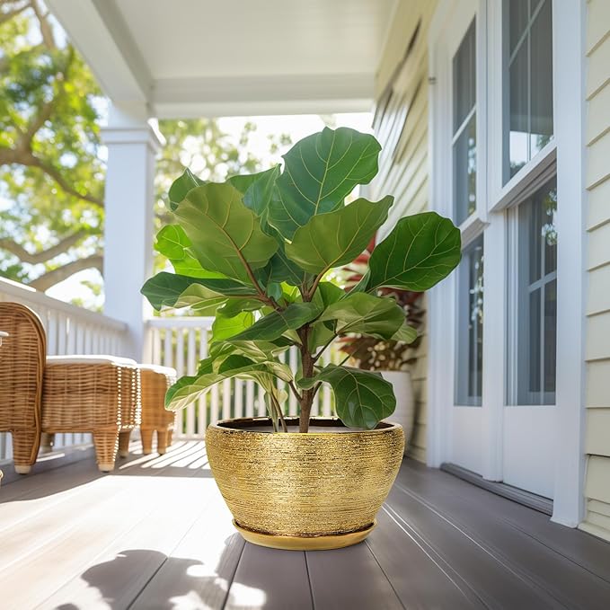 Ceramicfor Ceramic Planter 13 Inch - Indoor Plant Pot with Drainage Hole and Saucer Large Ceramic Pot for Plants Mid-Century Decorative Modern Outdoor Flower Pot for Home Decor Gold