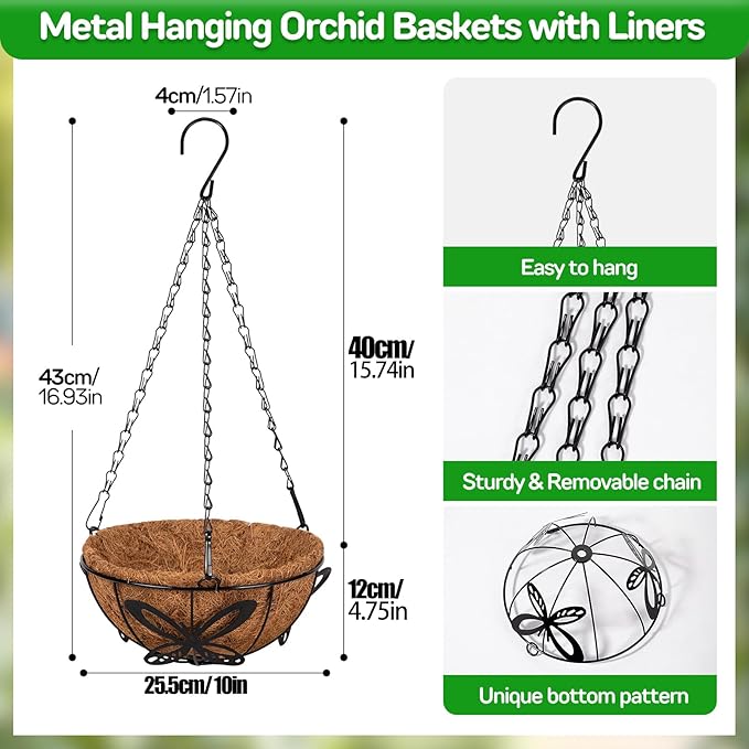 QCQHDU 3 Pack 10 inch Metal Hanging Orchid Baskets for Plants Outdoor, Hanging Orchid Planter Basket with Coco Liners, Orchid Pots with Holes for Garden, Patio, Deck, Porch Plants(Butterfly)