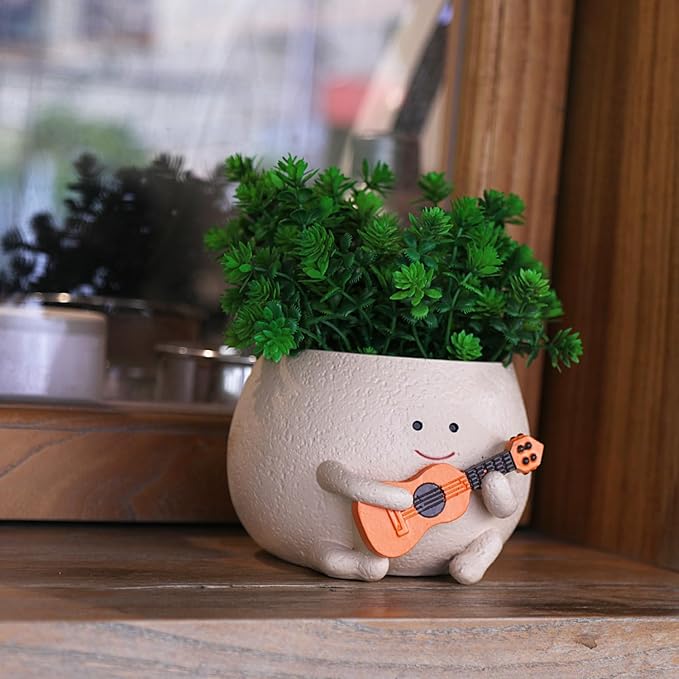 Planter Pot with Drainage Hole Cute Resin Head Planters for String of Pearls Plant Live Unique Guitar Succulent Pots for Indoor Outdoor Plants Gift IdeaI for Christmas (Large)