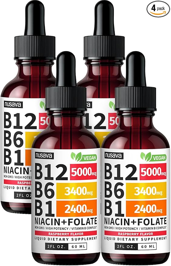 (4 Pack) Vitamin B12 and B6 Liquid Drops, B12 Sublingual Vitamin B Complex - B 12 Vitamin 5000mcg - B12 Methylcobalamin for Energy, Brain, and Heart Support with 27,200 mcg, Raspberry, 80 Servings