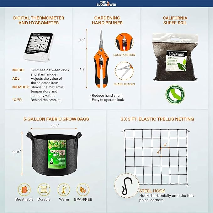 The Bud Grower - Indoor Home Grow Kit - Complete with Tent, 600 Watt LED (Dual 300-Watt) Grow Light, Heat & Humidity Monitor, and CFM Inline Exhausting Fan, & Premium Potting Soil - 24" x 24" x 60"