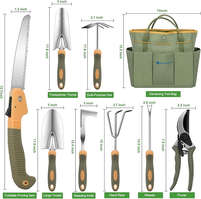 Yesker Gardening Tools 9-Piece Heavy Duty Garden Tool Set Gardening Supplies Gifts for Women Men Gardening Hand Tool Kit w Non-Slip Ergonomic Rubber Handle, Durable Garden Bag, Pruning Shears, Green