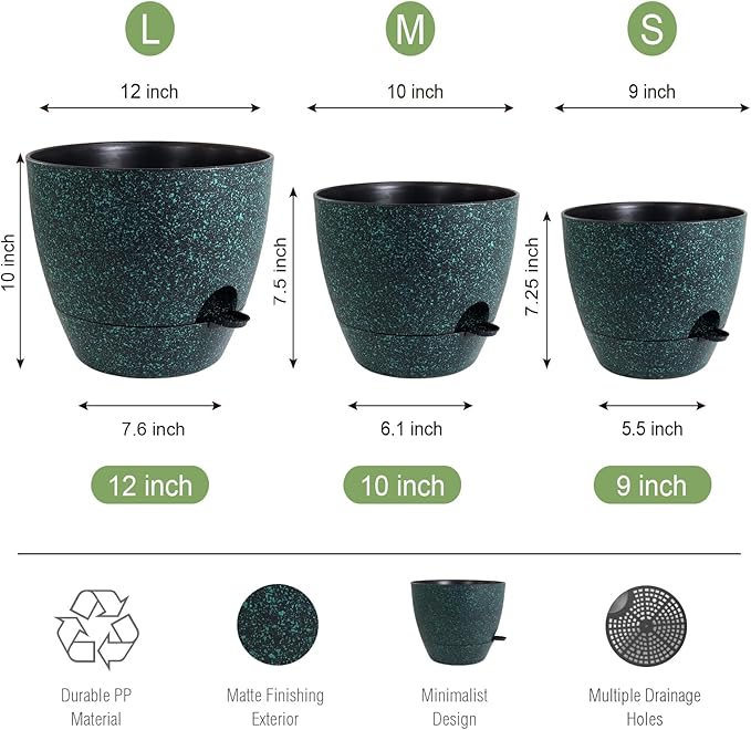 UOUZ Large Self Watering Pots, 12/10/9 Plastic Planters with High Drainage Holes and Deep Reservoir for Indoor Outdoor Garden Plants and Flowers, Black with Green Speckles