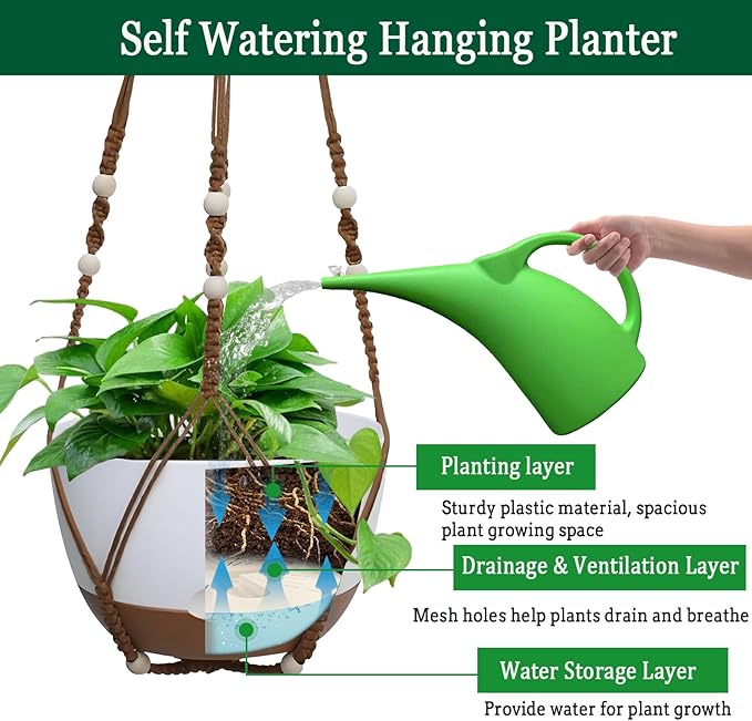 Koalaime 2 Pack Hanging Planters Set,10 Inch Indoor Outdoor Hanging Plant Pot Basket,Hanging Flower Pot with Drainage Hole with 3 Hooks for Garden Home(Caramel Hanger White Planters)