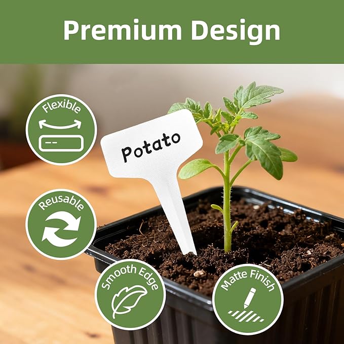 Kmosenia 100 Pcs 4" Plant Labels with Marker Pen, Waterproof T-Type Garden Tags for Seeds, Flowers, Vegetable Seedlings, Plastic Nursery Markers for Outdoor & Indoor Gardening Organization