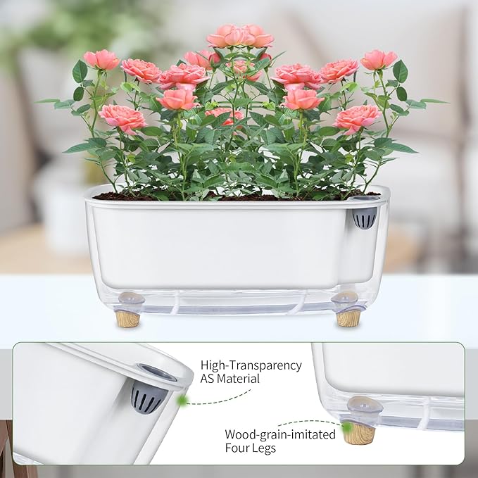 Oliz Self Watering Planter with Coco Coir Pellets, 11.8 Inch Plastic Rectangular Windowsill Plant Pot with Drainage Holes, High Clear Modern Decorative Flower Pot for Indoor Plants, African Violets