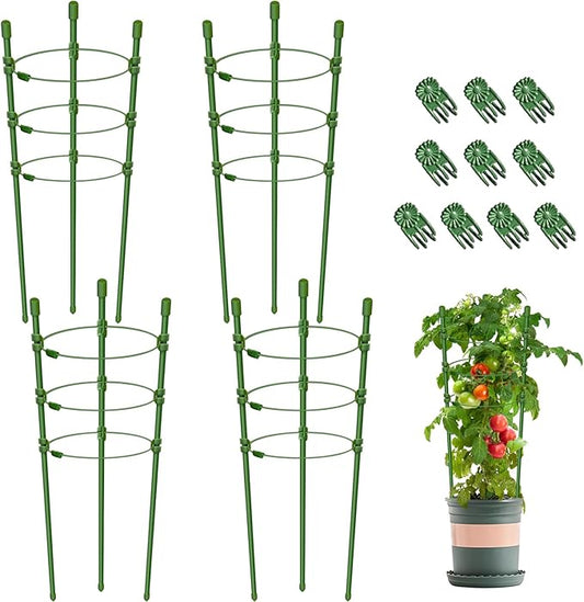 Legigo 4 Pack 18 Inch Plant Support Cages Tomato Cage for Garden- Small Plant Cages Adjustable Rings, Tomato Plant Support Stakes Trellis for Pots, Peppers, Cucumbers and Flowers with 10 Plant Clips