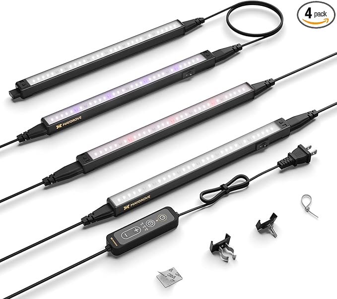 Maygrove Plant Grow Light 1ft, Tunable Full Spectrum LED Grow Light Strips 28W (4 x 7W), T5 Growing Lamp with Timer & Dimming Controller for Indoor Plants, Greenhouse, High PPFD, 4-Pack
