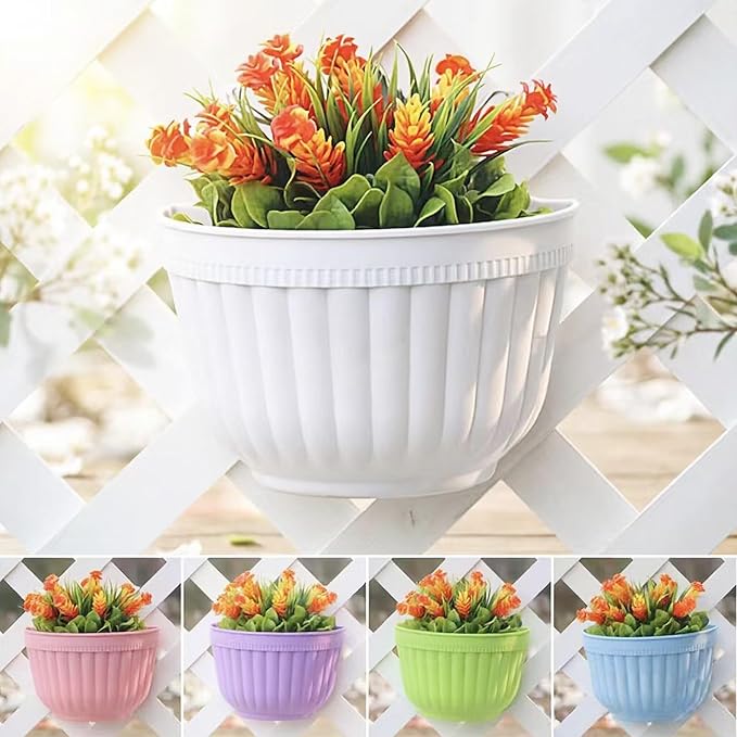 ORIMERC 8 Pack White Wall Hanging Planters Pots for Indoor Plants Wall Plants Holder with Drainage Hole Balcony Planters Railing Hanging Pot Fence Vertical Living Mount Outdoor with Hooks/Screws