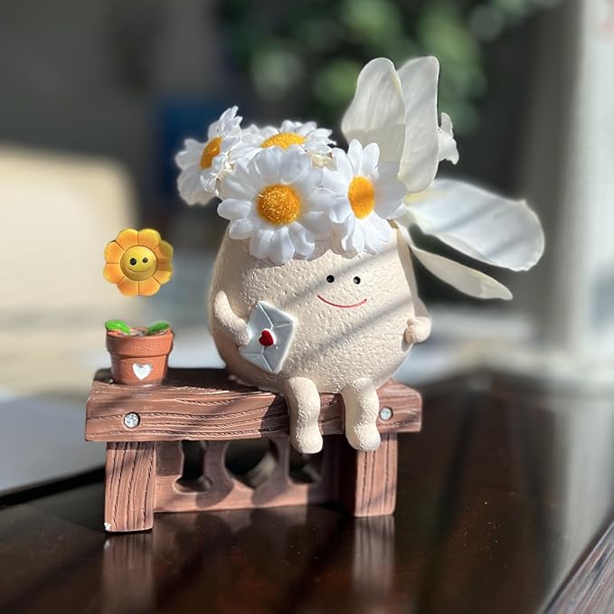 TEARS OF GAIA Smiling Face Planter Pot, Cute Resin Flower Head Planters with Drainage, for Mom, for Expressing Love, Unique Funny Succulent Plant Lover Gift (I Love U)