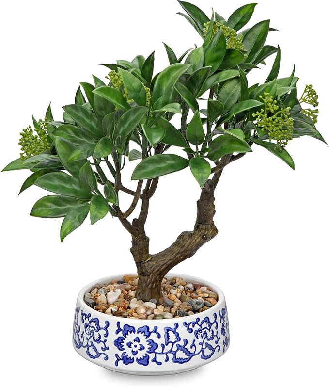 Artificial Bonsai Tree, Small Bay Laurel Bonsais Tree 13" Indoor Bonsai Trees Fake Potted Plant Decorative Fake Desk Plant Decor with Blue & White Ceramic Pot for Home Office Living Room Table Shelf