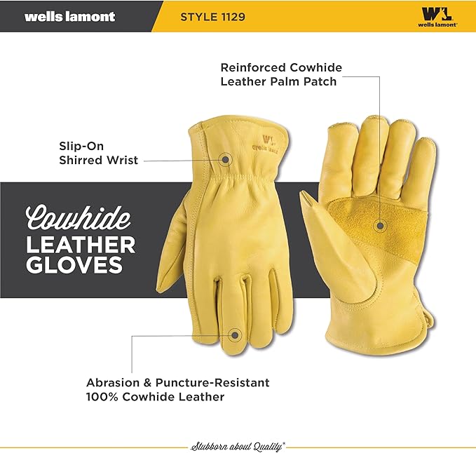 Wells Lamont Leather Work Gloves for Men – Grain Cowhide, Reinforced Palm – Ideal for Construction, Farming, Ranching – Ergonomic Fit, Keystone Thumb, Elasticized Wrist – Saddletan, Large (1129L)