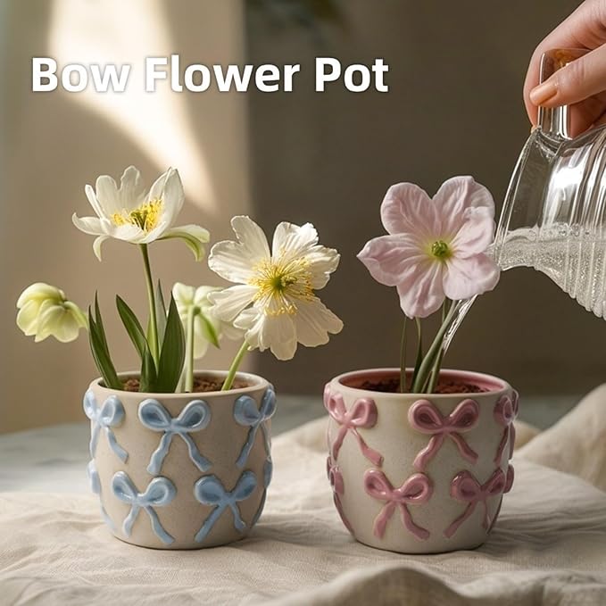 Ceramic Flower Pots for Indoor and Outdoor Plants, Succulent Orchid Round Clay and Terracotta Planter for Garden Home Modern Decoration 5.3 Inch (Pink Bow, Without Saucers)