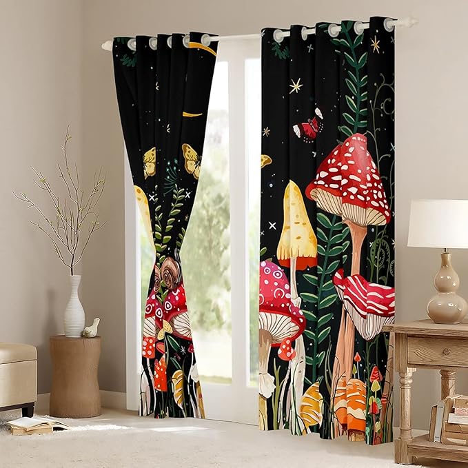 Feelyou Kids Room Decor Mushroom Window Curtains Bedroom Living Natural Wild Fungus Curtains Kids Room Decor Boys Girls Botanical Plants Window Drapes Butterfly Window Treatments 42W X 63L，2 Panels