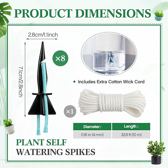 8 Pack Self Watering Spikes for Indoor Outdoor Plants, Automatic Plant Watering Stakes with 32.8ft Capillary Wick Rope, DIY Vacation Plant Waterer for Potted Plants, Seedlings, Garden Pots