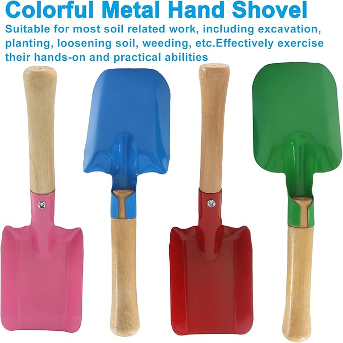 Piutouyar 4 Pack Mini Colorful Trowel Set, Metal Spade with Wooden Handle, Small Hand Shovel Garden Tools for Flower Soil Planting, Digging, Transplanting(Green/Blue/Pink/Red)