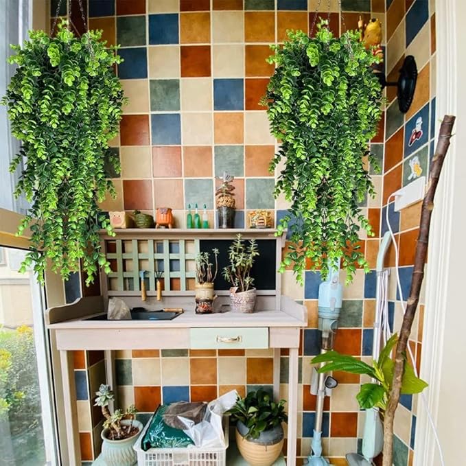 2Pcs Artificial Hanging Plants Eucalyptus Leaves UV Resistant Fake Vines Ivy Artificial Plants Outdoor Faux Plants Indoor Bedroom Living Room Boho Wall Porch Shelf Decor
