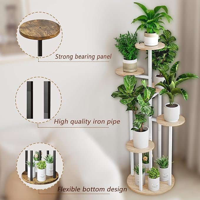 INGIORDAR Plant Stand Indoor Outdoor Corner Flower Stands Multiple Flower Pot Holder for Patio Garden Balcony Living Room 6 Tier White+Sonoma Oak