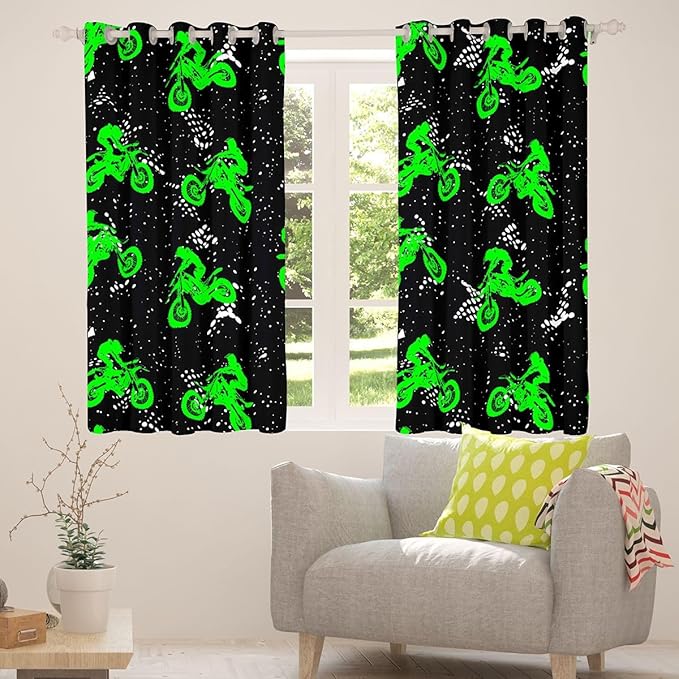 Feelyou Boys Dirt Bike Window Curtains Bedroom Living Room Cool Sports Curtains Kids Room Decor Boys Motocross Rider Window Drapes Fluorescent Green Bike Window Treatments 42W X 63L，2 Panels