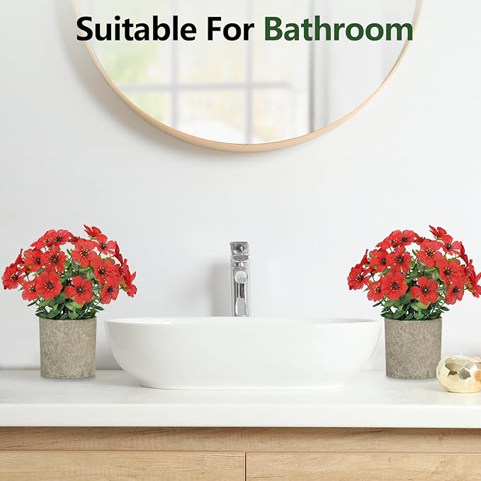 FAVOWREATH 2 Pack Small Fake Plants Potted Artificial Plants Artificial Flowers Potted Faux Flower Daisy with Eucalyptus Leaves for Home Decor Office Room Farmhouse Indoor Table Bathroom Decor（Red）