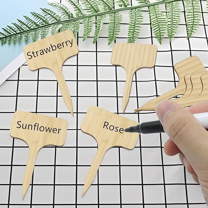30Pcs Bamboo Plant Tags (6 x 10 cm) T-Type Plant Tags with A Marker Pen, House Plant Labels Garden Markers for Bamboo, Herb, Vegetable