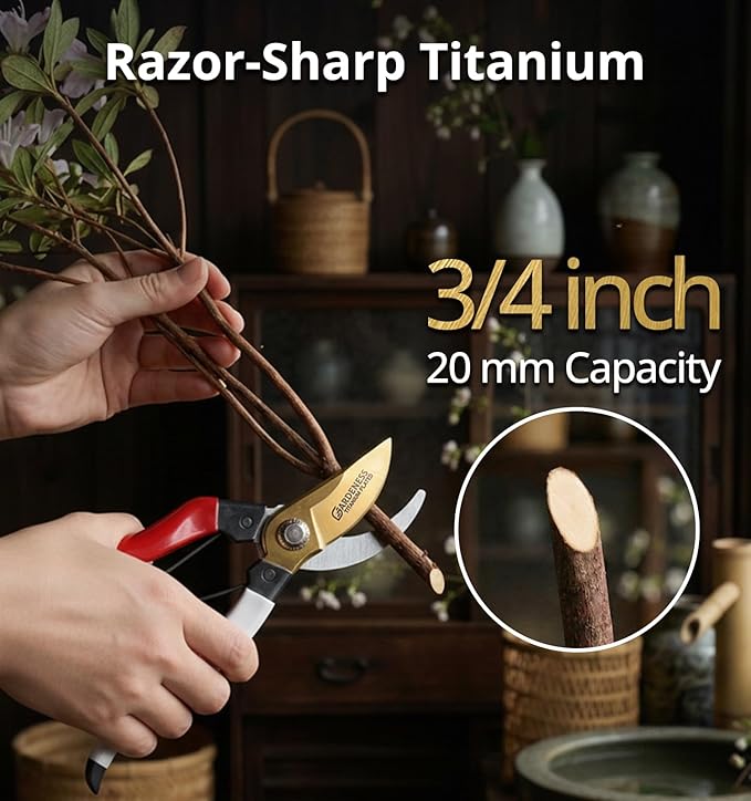 Gardeness Titanium Pruning Shears, Lightweight SK5 Bypass Garden Secateurs – Easy-Grip Hand Pruners for Women, Roses, Bonsai, Trimming & Everyday Gardening, Floral & Yard Work, Arthritis Friendly