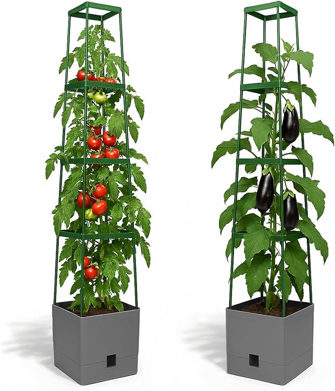 BioGreen 2 Pack Garden Tomato Planter MAXITOM, with Plant Support Trellis 59 inch and Self Watering, 4,2 Gal Planter Box for Climbing Vegetables Plants, Gray