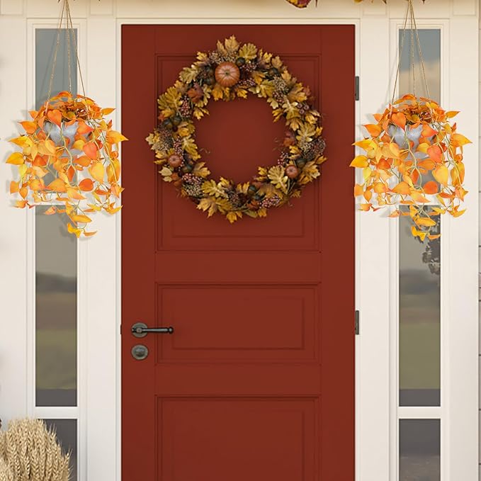 TNNTOPELE Autumn Fake Hanging Plants with Pot, 2 Pack Artificial Hanging Plants, Faux Anthurium Leaf Hanging Basket Plant for Wall Home Room Indoor Outdoor Office Decor